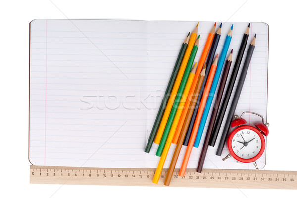 [[stock_photo]]: Ouvrir · portable · crayons · réveil · souverain