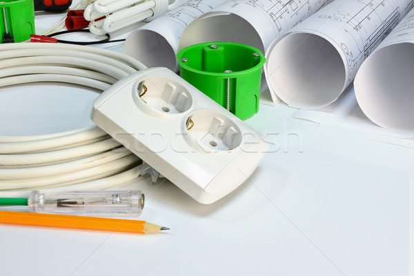 Drawing rolls, electrical hardware tools and appliances composition Stock photo © cherezoff