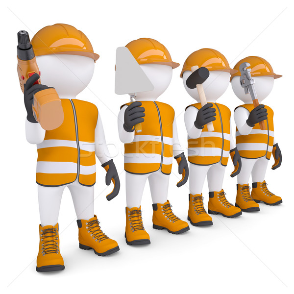 Four 3d white mans in overalls with a tools Stock photo © cherezoff