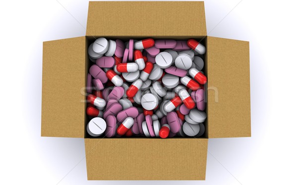 There are many different pills in a cardboard box. View from the top. 3D rendering Stock photo © cherezoff