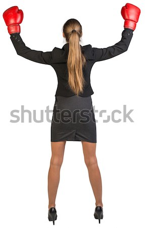 Businesswoman wearing boxing gloves wins. Rear view Stock photo © cherezoff