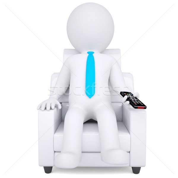 Foto stock: 3D · homem · branco · sessão · cadeira · controle · remoto · isolado