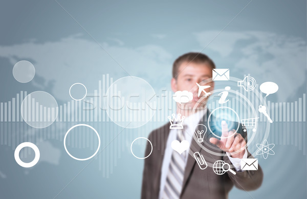 üzletember öltöny ujj virtuális gomb grafikonok Stock fotó © cherezoff