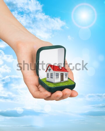 White shack in hand with red roof and chimney of screen laptop. Background sun shines brightly on ri Stock photo © cherezoff