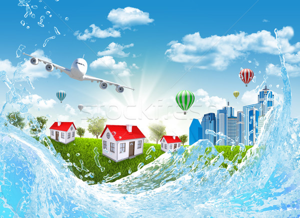 Earth, green grass, buildings and water Stock photo © cherezoff