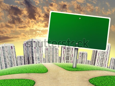 útkereszteződés jelzőtábla város zöld fű villa út Stock fotó © cherezoff