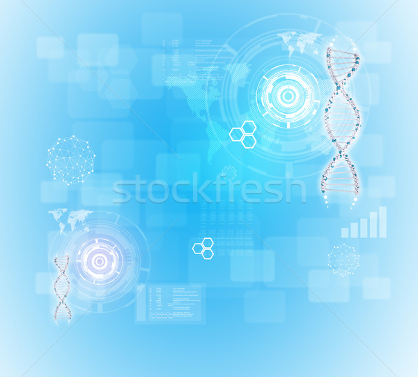 Two human DNA. Background of white ring with hexagon and world map Stock photo © cherezoff