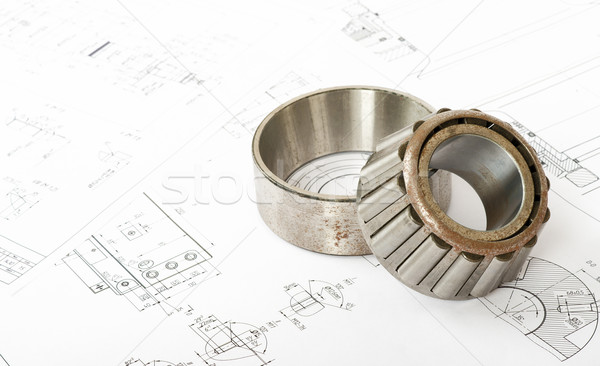 Stock photo: Roller bearing on blueprints