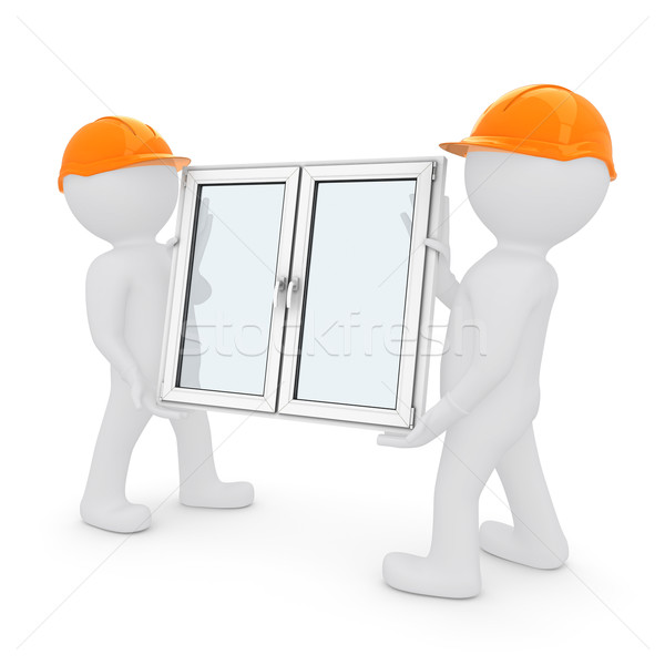 Two workers in orange hard hats have plastic window Stock photo © cherezoff