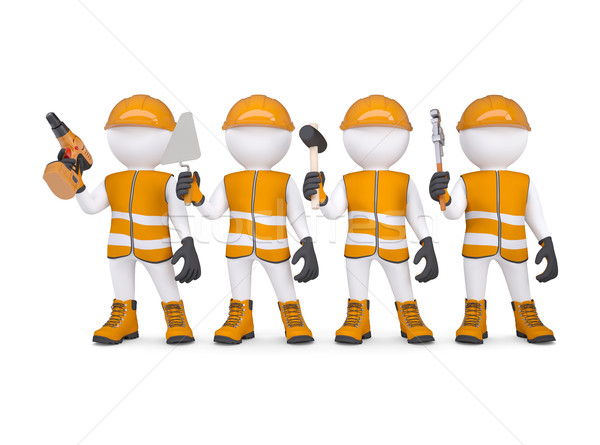 Four 3d white mans in overalls with a tools Stock photo © cherezoff