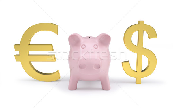 Pink piggy bank next to the golden dollar and euro signs Stock photo © cherezoff