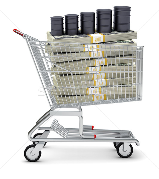 Foto stock: Óleo · barril · dólares · carrinho · de · compras · isolado · branco