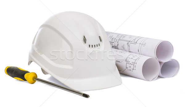 Safety helmet and screwdriver on white Stock photo © cherezoff