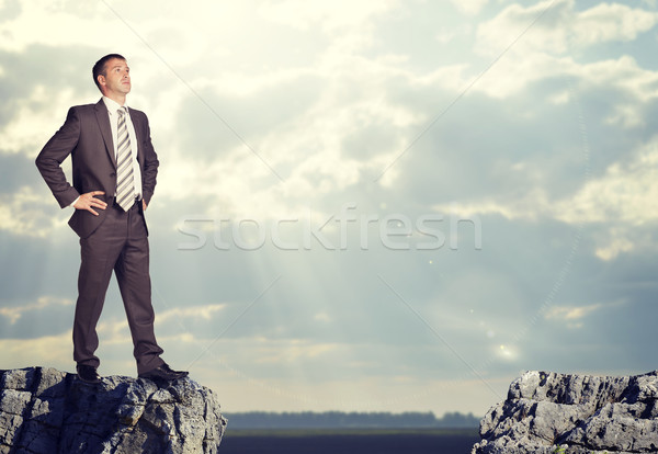 ビジネスマン 立って エッジ 岩 ギャップ 腕 ストックフォト © cherezoff