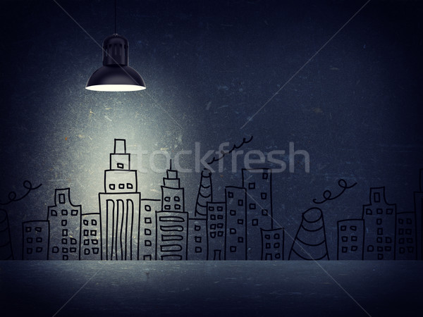 Concrete wall with sketches of buildings. Left standing lampshade Stock photo © cherezoff