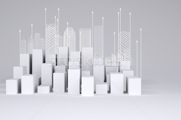 Minimalistic city of white cubes with wire-frame buildings and arrows up Stock photo © cherezoff