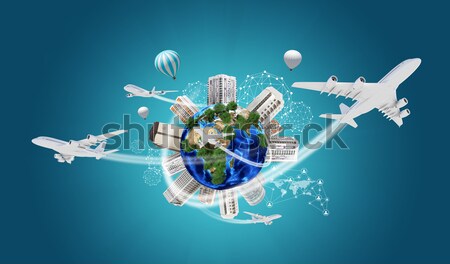 Earth with buildings, airplane and voyage bag Stock photo © cherezoff