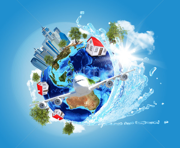 Earth with buildings and airplane Stock photo © cherezoff