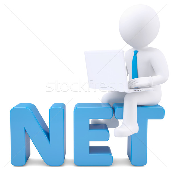 3D biały człowiek laptop posiedzenia słowo netto Zdjęcia stock © cherezoff