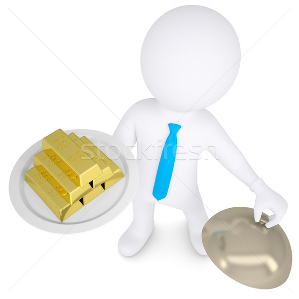 3d white man keeps on a platter of gold bullion Stock photo © cherezoff