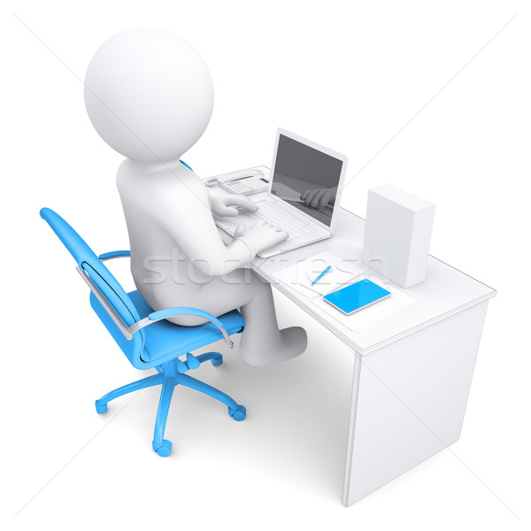 3d white man working at a laptop. On the table in a white box Stock photo © cherezoff