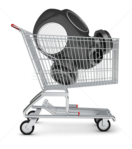 Foto stock: Máscara · de · gás · carrinho · de · compras · isolado · branco · vidro · metal