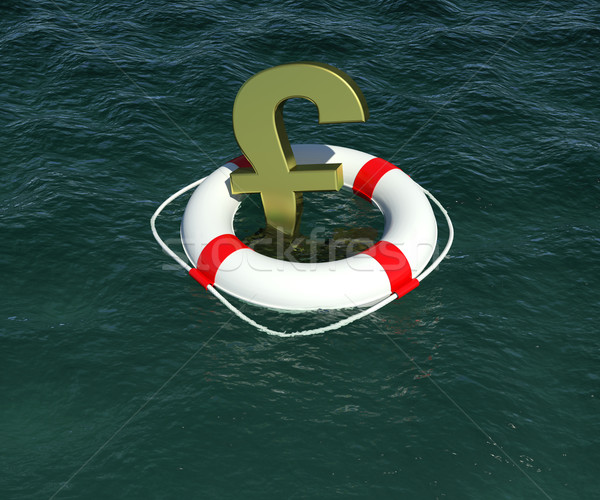 Gold sign of the English pound in lifebuoy floating on the water. 3d rendering Stock photo © cherezoff