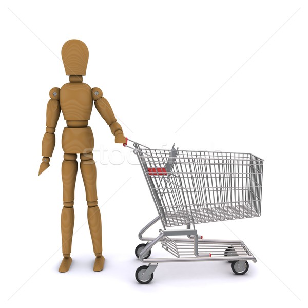 The wooden man standing next to trolley. 3D rendering Stock photo © cherezoff