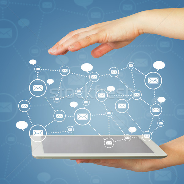 Hands, tablet pc and contacts Stock photo © cherezoff