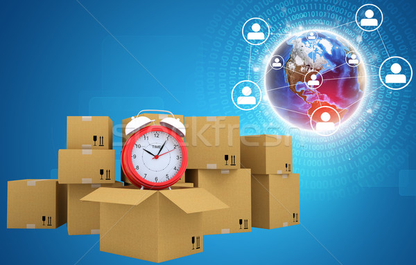 Stock photo: Postal boxes on them alarm clock. Backdrop of earth, network