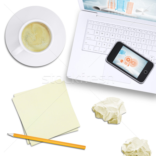 Stock photo: Phone on laptop with tablet and coffee