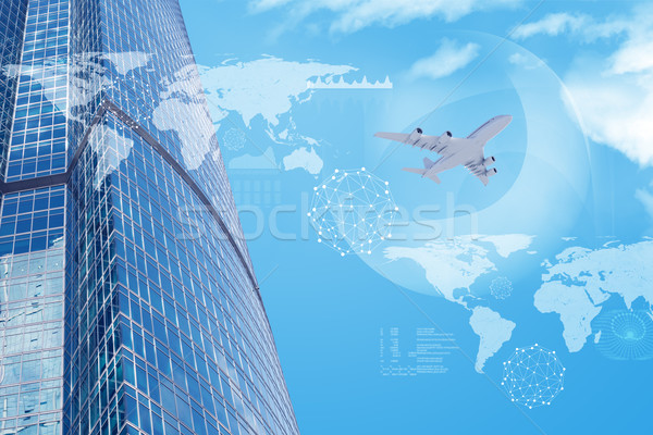 Gebouwen jet wereldkaart blauwe hemel computer Stockfoto © cherezoff