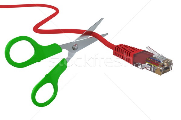 Stock photo: Scissors cut the network cable RJ45. 3D rendering