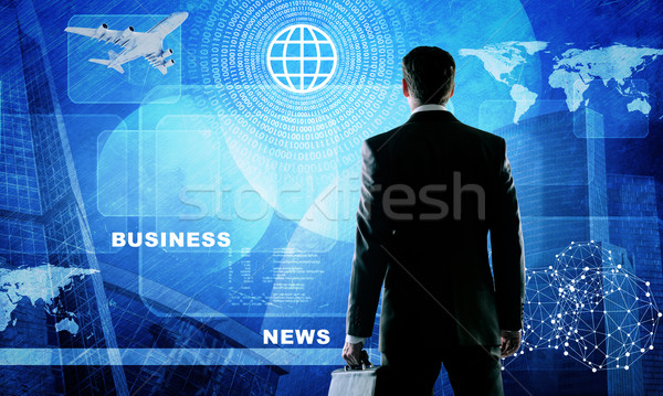 商業照片: 商人 · 常設 · 背面 · 虛擬 · 屏幕 · 技術