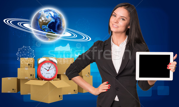Stock foto: Geschäftsfrau · Erde · Heap · Karton · Boxen · halten