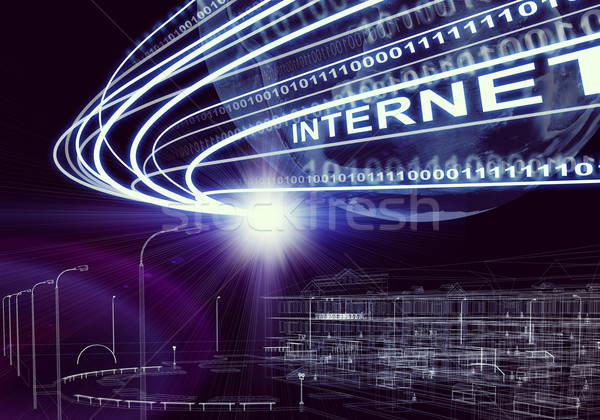 Earth, wire-frame building, light beams, digits and word internet on dark background Stock photo © cherezoff