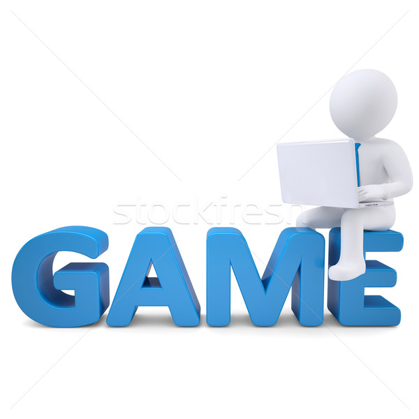 3d white man with laptop sitting on the word GAME Stock photo © cherezoff