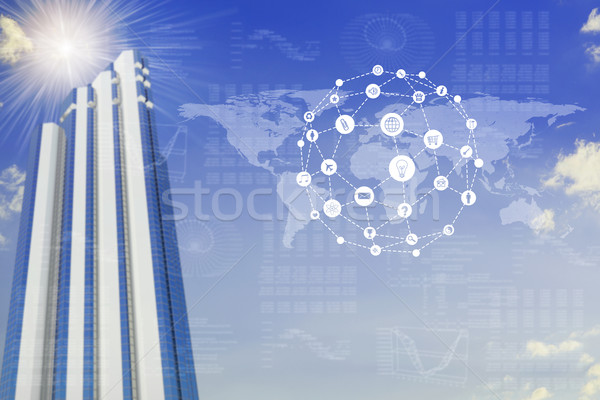 World map with app icons and skyscraper Stock photo © cherezoff