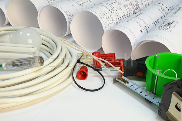 Drawing rolls, electrical hardware tools and appliances composition Stock photo © cherezoff
