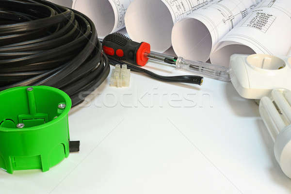 Drawing rolls, electrical hardware tools and appliances composition Stock photo © cherezoff