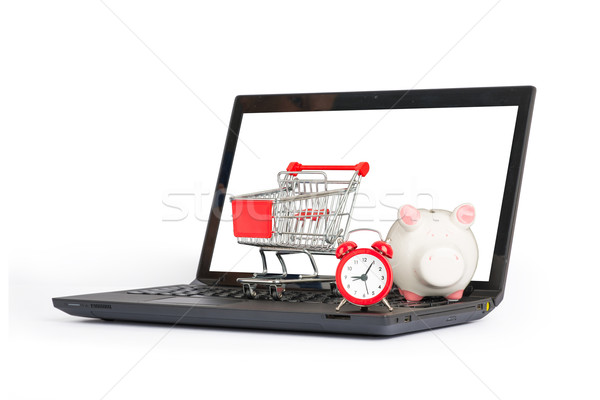 Bevásárlókocsi óra persely laptop izolált fehér Stock fotó © cherezoff