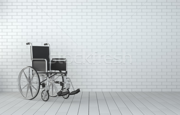 Foto stock: Cadeira · de · rodas · quarto · branco · parede · de · tijolos · ilustração · 3d