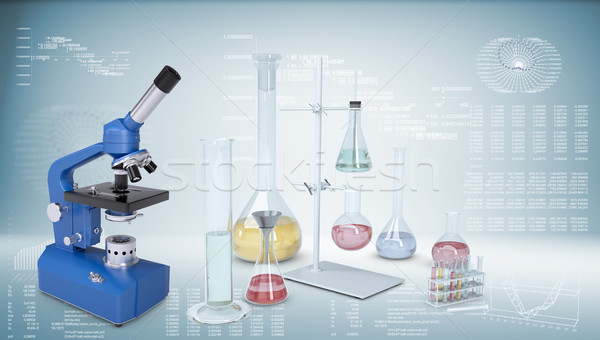 Chemical laboratory equipment. Microscope, flasks and test tubes Stock photo © cherezoff