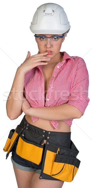 Stock photo: Woman in hard hat, protective glasses and tool belt