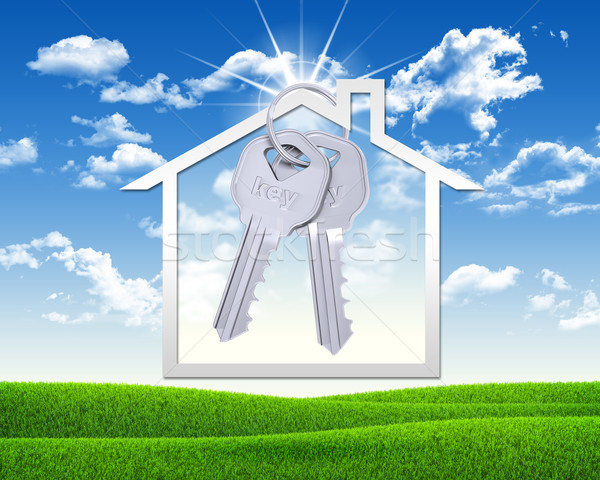 Stock foto: Haus · Symbol · Metall · Schlüssel · grünen · Gras · blauer · Himmel