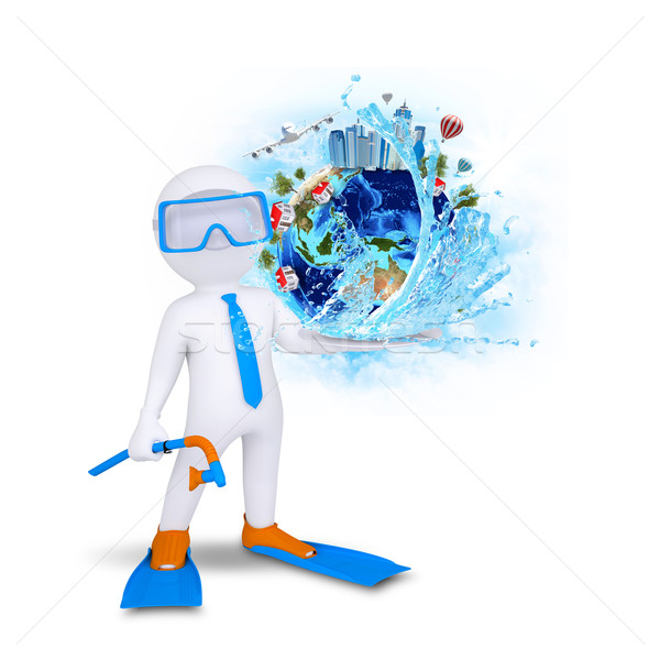 3d diver hold Earth with buildings and trees Stock photo © cherezoff