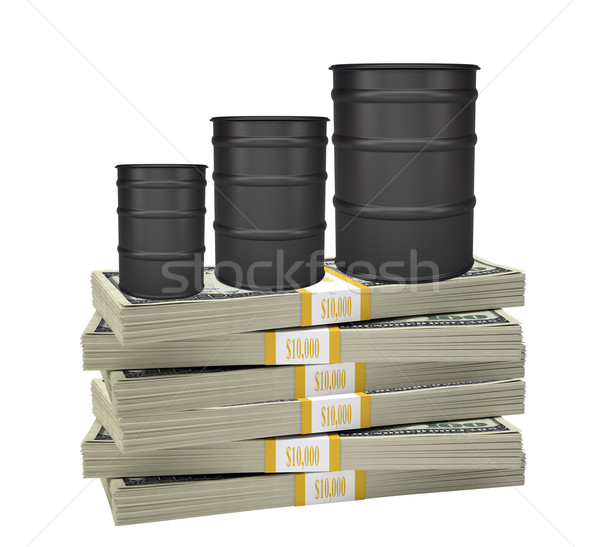 Stock photo: Oil barrels on bundle of money