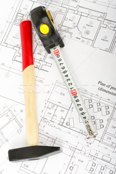 Hammer with tape measure, top view Stock photo © cherezoff