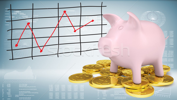 Stock photo: Piggy bank with gold coins and graph