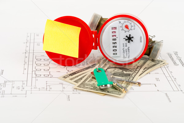 Red water meter with cash and keys on draft Stock photo © cherezoff